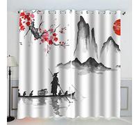 AKATIE Style Japonais Rideaux Thermique Isolant Anti Froid Polyester 2 Pièces 3D Impression Art Japonais Motif Opaque Rideau Occultant Oeillet Chambre Salon Rideau （220x215 cm）