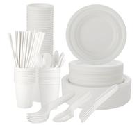 AKOLAFE Ensemble de 400 Vaisselle Jetable Blanche en Bagasse, Assiette Carton 7/9 Pouces, Assiettes Jetables avec Gobelets 8 oz, Couverts, Serviettes et Pailles pour Fête