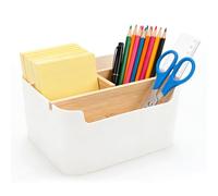 AKONE Organiseur de bureau à 5 compartiments en bambou avec séparateurs amovibles, porte-stylos peu encombrant, porte-cosmétiques multifonction pour pinceaux de maquillage, accessoires de bureau, etc