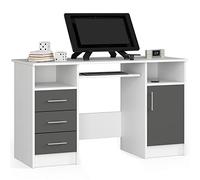 AKORD Ana Bureau d'ordinateur avec Tablette pour Clavier | 3 tiroirs, 1 Compartiment de Rangement avec Porte, 2 Compartiments de Rangement Ouverts, l 124 x H 74 x P 52 cm, 45 kg | Blanc/Gris Graphite