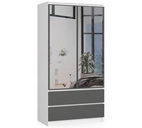 AKORD Armoire 2 Portes | Armoir Chambre | 2 Tiroirs 2 Etagères et Une Tringle et Miroir | L90 x H180 x P51 cm| Armoire sans Penderie Chambre RangementBlanc & Façade Gris Graphite