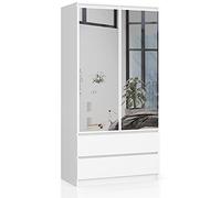 AKORD Armoire 2 Portes | Armoir Chambre | 2 Tiroirs 2 Etagères et Une Tringle et Miroir | L90 x H180 x P51 cm | Panneau Stratifié 16mm | Armoire sans Penderie Chambre Rangement