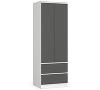 AKORD Armoire 2 Portes | Armoir Chambre 2 Tiroirs 2 Etagères et Une Tringle | L60 x H180 x P51 cm| Armoire sans Penderie Chambre | Dressing Rangement PlacardBlanc & Façade Gris Graphite