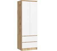 AKORD Armoire 2 Portes | Armoir Chambre 2 Tiroirs 2 Etagères et Une Tringle | L60 x H180 x P51 cm| Armoire sans Penderie Chambre | Dressing Rangement PlacardChêne Artisanal & Façade Blanc