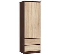 AKORD Armoire 2 Portes | Armoir Chambre 2 Tiroirs 2 Etagères et Une Tringle | L60 x H180 x P51 cm | Panneau Stratifié 16mm | Armoire sans Penderie Chambre | Dressing Rangement Placard