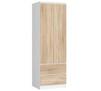AKORD Armoire 2 Portes | Armoir Chambre 2 Tiroirs 2 Etagères et Une Tringle | L60 x H180 x P51 cm | Panneau Stratifié 16mm | Armoire sans Penderie Chambre | Dressing Rangement Placard