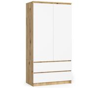 AKORD Armoire 2 Portes | Armoir Chambre 2 Tiroirs avec Etagères et Une Tringle | 90x180x51 cm| Armoire sans Penderie Chambre | Dressing Rangement Placard | Chêne Artisan & Façade Blanc