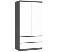 AKORD Armoire 2 Portes | Armoir Chambre 2 Tiroirs avec Etagères et Une Tringle | 90x180x51 cm| Armoire sans Penderie Chambre | Dressing Rangement Placard | Gris Graphite & Façade Blanc