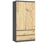 AKORD Armoire 2 Portes | Armoir Chambre 2 Tiroirs avec Etagères et Une Tringle | 90x180x51 cm| Armoire sans Penderie Chambre | Dressing Rangement Placard | Gris Graphite & Façade Chêne Artisanal