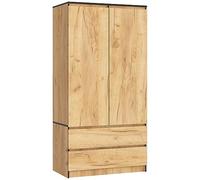 AKORD Armoire 2 Portes | Armoir Chambre 2 Tiroirs avec Etagères et Une Tringle | 90x180x51 cm | Panneau Stratifié 16mm | Armoire sans Penderie Chambre | Dressing Rangement Placard | Chêne Artisanal