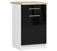 AKORD | Armoire de Cuisine avec Plan de Travail - Oliwia S50 | Meuble Bas avec Porte, Tiroir et 2 Étagères | Armoire de Cuisine Basse de 50 cm de Large | 46x50x85 cm | Blanc | Noir Brillant