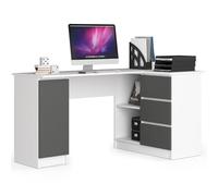 AKORD B-20 Bureau d'Angle avec 3 Tiroirs, 2 Étagères et Une Porte, pour Maison et Bureau, 155 x 77 x 85 cm, 60 kg, Blanc et Gris Graphite Avant