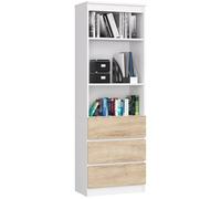 AKORD Bibliothèque de Bureau CLP 60 cm | 3 Tiroirs 3 Etagères | Etagere Rangement Salon | Meuble pour Salon, Chambre | Panneau Stratifié 16mm | Couleur Blanc/Sonoma