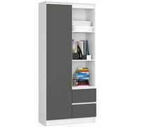 AKORD Bibliothèque de Bureau CLP 80 cm 7 étagères 2 tiroirs et Portes | étagères à Livres | 80 x 35 x 180 cm | Plateau laminé 16 mm | Couleur Blanc/Gris Graphite