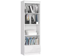 AKORD Bibliothèque de Bureau Rangement | 60 cm 1 Tiroir 4 Étagères | Meuble Support pour Documents Livres pour Une Chambre Bureau | Panneau Stratifié 16mm | Blanc & Blanc Brillant Façade