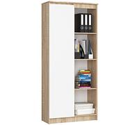 AKORD Bibliothèque de Bureau Rangement CLP | 80 cm 4 Étagères Externes 1 Porte sur Pied | Grand Meuble pour Salon | Panneau Stratifié 16mm | Couleur Sonoma/Blanc