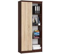 AKORD Bibliothèque de Bureau Rangement CLP | 80 cm 4 Étagères Externes 1 Porte sur Pied | Grand Meuble pour Salon | Panneau Stratifié 16mm | Couleur Wengé/Sonoma