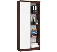AKORD Bibliothèque de Bureau Rangement CLP | 80 cm 4 Étagères Externes 1 Porte sur Pied | Grand Meuble pour Salon | Panneau Stratifié 16mm | Couleur Wengé/Blanc