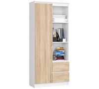 AKORD Bibliothèque de Bureau Rangement CLP | 80 cm 7 Etagères 2 Tiroirs et Portes | Grand Meuble pour Documents Livres de Chambre Minimaliste | Panneau Stratifié 16mm | Couleur Blanc/Sonoma