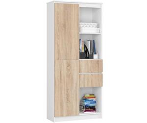 AKORD Bibliothèque R15-80 cm - 2 Portes, 2 Tiroirs, 7 Étagères - Meuble Bibliothèque Rangement Livres - Meuble Polyvalent pour Bureau et Chambre - 80 x 180 x 35 cm - Blanc & Chêne de Sonoma