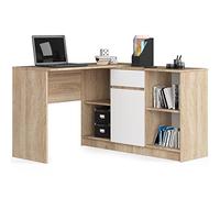 AKORD | Bureau avec Rangement B-17 | Commode avec 1 Tiroir 1 Compartiment de Rangement avec Porte et 2 Étagères Ouvertes | d'angle | Meuble | L120 x H79/77 x P126 | 68 kg Chêne Sonoma/Blanc