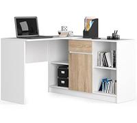 AKORD | Bureau avec Rangement B-17 | Commode avec 1 Tiroir 1 Compartiment de Rangement avec Porte et 2 Étagères Ouvertes | d'angle | Meuble | L120 x H79/77 x P126 | 68 kg Blanc/chêne Sonoma
