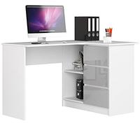 AKORD Bureau d'angle avec 2 étagères et 3 Tiroirs | Table avec Meuble de Rangement intégré et modulable | L124 x H77 x P85 | Fourniture Bureau | Blanc & Éclat Métallique Façade
