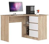 AKORD Bureau d'angle avec 2 étagères et 3 Tiroirs | Table avec Meuble de Rangement intégré et modulable | L124 x H77 x P85 | Fourniture Bureau | Chêne Sonoma & Blanc Façade