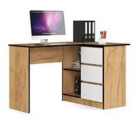 AKORD Bureau d'angle avec 2 étagères et 3 Tiroirs | Table avec Meuble de Rangement intégré et modulable | L124 x H77 x P85 | Fourniture Bureau | Chêne Artisan & Façade Blanc