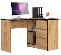 AKORD Bureau d'angle avec 2 étagères et 3 Tiroirs | Table avec Meuble de Rangement intégré et modulable | L124 x H77 x P85 | Fourniture Bureau | Chêne Kraft