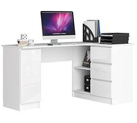 AKORD Bureau d'angle B-20 avec 3 tiroirs, 2 tablettes | Table d'angle | Bureau d'angle pour Bureau à Domicile | Montage Facile | L155 x H77 x P85, 60 kg Blanc/Blanc Brillant