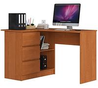 AKORD Bureau d'angle | Table avec Meuble de Rangement intégré et modulable avec 3 tiroirs et 2 étagères | L124 x H77 x P85 | Fourniture Bureaus | Couleur Aulne
