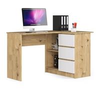 AKORD Bureau d'angle | Table avec Meuble de Rangement intégré et modulable avec 3 tiroirs et 2 étagères | L124 x H77 x P85 | Fourniture Bureau | Chêne Artisanal & Blanc Façade