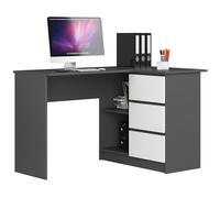 AKORD Bureau d'angle | Table avec Meuble de Rangement intégré et modulable avec 3 tiroirs et 2 étagères | L124 x H77 x P85 | Fourniture Bureau | Gris Graphite & Blanc Façade