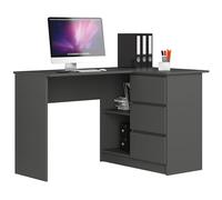 AKORD Bureau d'angle | Table avec Meuble de Rangement intégré et modulable avec 3 tiroirs et 2 étagères | L124 x H77 x P85 | Fourniture Bureau | Gris Graphite