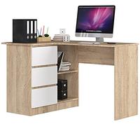 Bureau AKORD d'angle gauche B16 Chêne Sonoma 124 cm 3 tiroirs façade Blanche 2 étagères 124x85x77 cm