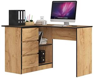 AKORD Bureau d'angle | Table avec Meuble de Rangement intégré et modulable avec 3 tiroirs et 2 étagères | L124 x H77 x P85 | Fourniture Bureaus | Couleur Chêne Kraft