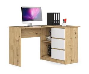 AKORD Bureau d'angle | Table avec Meuble de Rangement intégré et modulable avec 3 tiroirs et 2 étagères | L124 x H77 x P85 | Fourniture Bureau | Chêne Artisanal & Blanc Façade