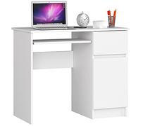 AKORD Bureau Informatique d'ordinateur Piksel | Tablette Clavier | Droit | Desk | 1 Tiroir et 1 Compartiment avec Porte | Table d’étude | L90 x H77 x P50 cm | Blanche