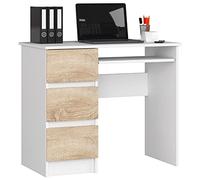 AKORD Bureau Ordinateur A-6 avec Tablette Clavier | L90 x H77 x P50 cm 30 kg | 3 Tiroirs | Petit Bureau de Chambre PC Desk Table Enfant | Blanc & Façade Sonoma