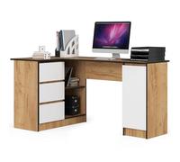 AKORD Bureau Ordinateur D`Angle B-20 | L155 x H77 x P85 60 kg | 3 Tiroirs 2 Étagères Étagère avec Porte | Grand Bureau de Chambre PC Desk Table | Chêne Artisanal/Blanc