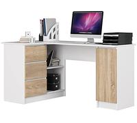 Grand bureau d'angle AKORD gauche B20 Blanc 155 cm 1 porte 3 tiroirs façade Chêne Sonoma 4 étagères 155x85x77 cm