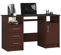 AKORD Bureau PC Ana | Meuble Ordinateur | Étagère Clavier 3 tiroirs 1 Étagère avec Porte 2 Étagères Ouvertes | Bureau Adolescent Garcon Etudiant | L124 x H74 x P52 cm | Wengé
