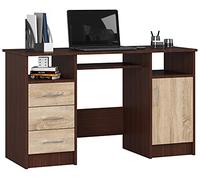 AKORD Bureau PC Ana | Meuble Ordinateur | Étagère Clavier 3 tiroirs 1 Étagère avec Porte 2 Étagères Ouvertes | Bureau Adolescent Garcon Etudiant | L124 x H74 x P52 cm | Wengé & Chêne Sonoma Façade