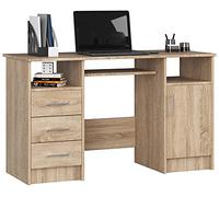 AKORD Bureau PC Ana | Meuble Ordinateur | Étagère Clavier 3 tiroirs 1 Étagère avec Porte 2 Étagères Ouvertes | Bureau Adolescent Garcon Etudiant | L124 x H74 x P52 cm | Chêne Sonoma