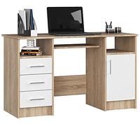 AKORD Bureau PC Ana | Meuble Ordinateur | Étagère Clavier 3 tiroirs 1 Étagère avec Porte 2 Étagères Ouvertes | Bureau Adolescent Garcon Etudiant | L124 x H74 x P52 cm | Chêne Sonoma & Blanc Façade