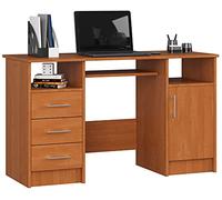 AKORD Bureau PC Ana | Meuble Ordinateur | Étagère Clavier 3 tiroirs 1 Étagère avec Porte 2 Étagères Ouvertes | Bureau Adolescent Garcon Etudiant | L124 x H74 x P52 cm | Aulne