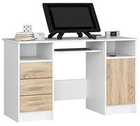 AKORD Bureau PC Ana | Meuble Ordinateur | Étagère Clavier 3 tiroirs 1 Étagère avec Porte 2 Étagères Ouvertes | Bureau Adolescent Garcon Etudiant | L124 x H74 x P52 cm | Blanc & Chêne Sonoma Façade