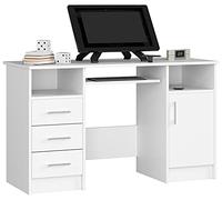 AKORD Bureau PC Ana | Meuble Ordinateur | Étagère Clavier 3 tiroirs 1 Étagère avec Porte 2 Étagères Ouvertes | Bureau Adolescent Garcon Etudiant | L124 x H74 x P52 cm | Blanc