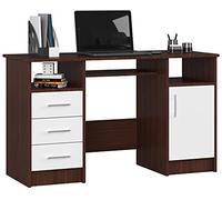 AKORD Bureau PC Ana | Meuble Ordinateur | Étagère Clavier 3 tiroirs 1 Étagère avec Porte 2 Étagères Ouvertes | Bureau Adolescent Garcon Etudiant | L124 x H74 x P52 cm | Wengé & Façade Blanc